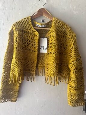 Zara Mustard Yellow Crochet Fringe Teddy Jacket